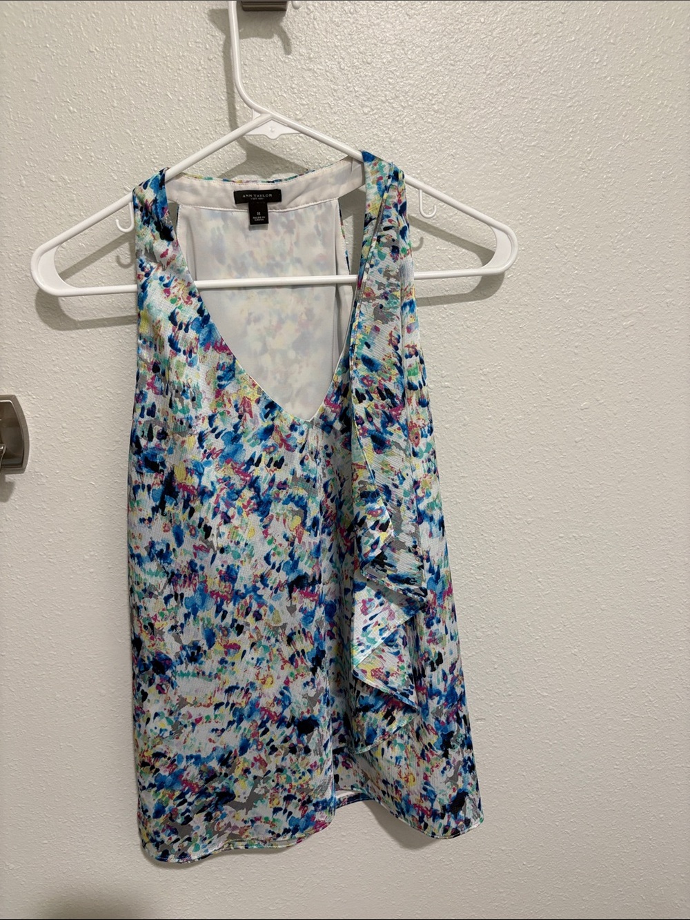Ann Taylor Blue Multi V-Neck Ruffle Tank